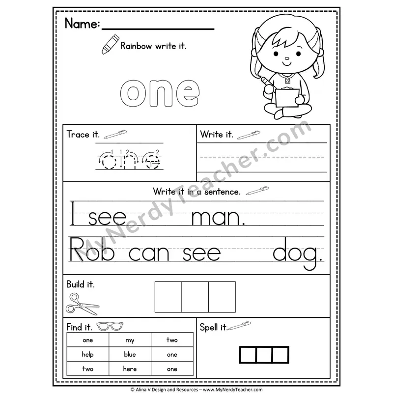 Pre-K Sight Word Practice Worksheet — One (Rainbow Write, Build & Spell)