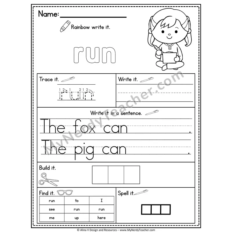 Pre-K Sight Word Practice Worksheet — Run (Rainbow Write, Build & Spell)