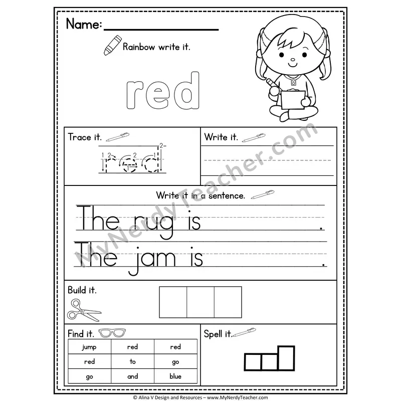 Pre-K Sight Word Practice Worksheet — Red (Rainbow Write, Build & Spell)