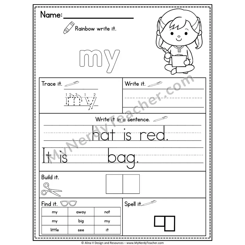 Pre-K Sight Word Practice Worksheet — My (Rainbow Write, Build & Spell)