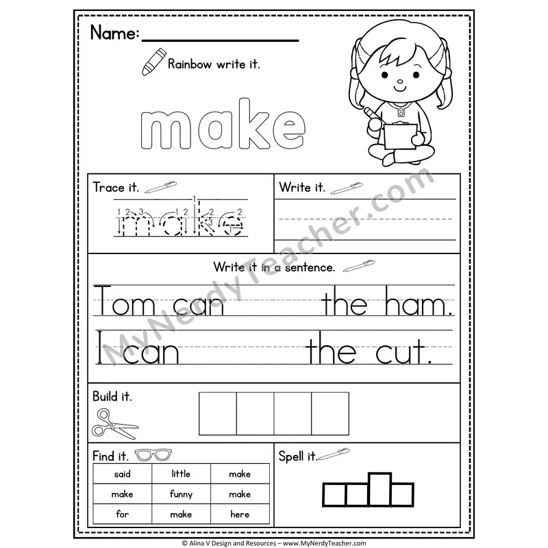 Pre-K Sight Word Practice Worksheet — Make (Rainbow Write, Build & Spell)