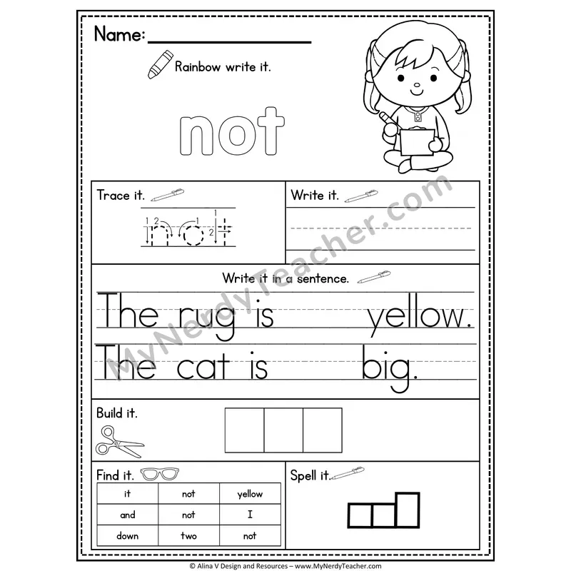 Pre-K Sight Word Practice Worksheet — Not (Rainbow Write, Build & Spell)