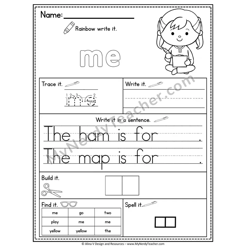 Pre-K Sight Word Practice Worksheet — Me (Rainbow Write, Build & Spell)