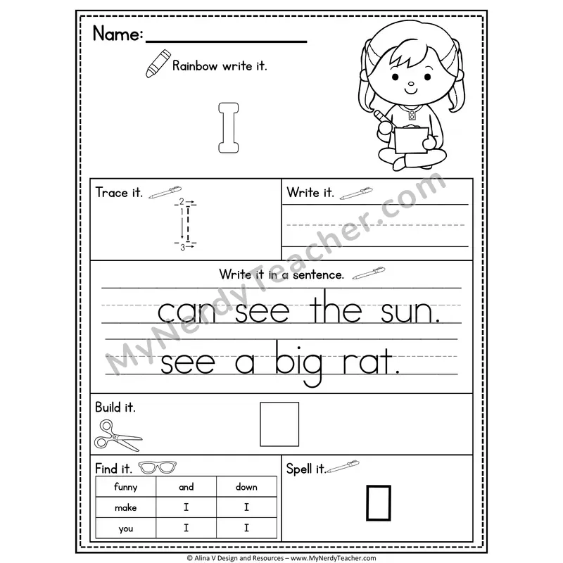 Pre-K Sight Word Practice Worksheet — I (Rainbow Write, Build & Spell)