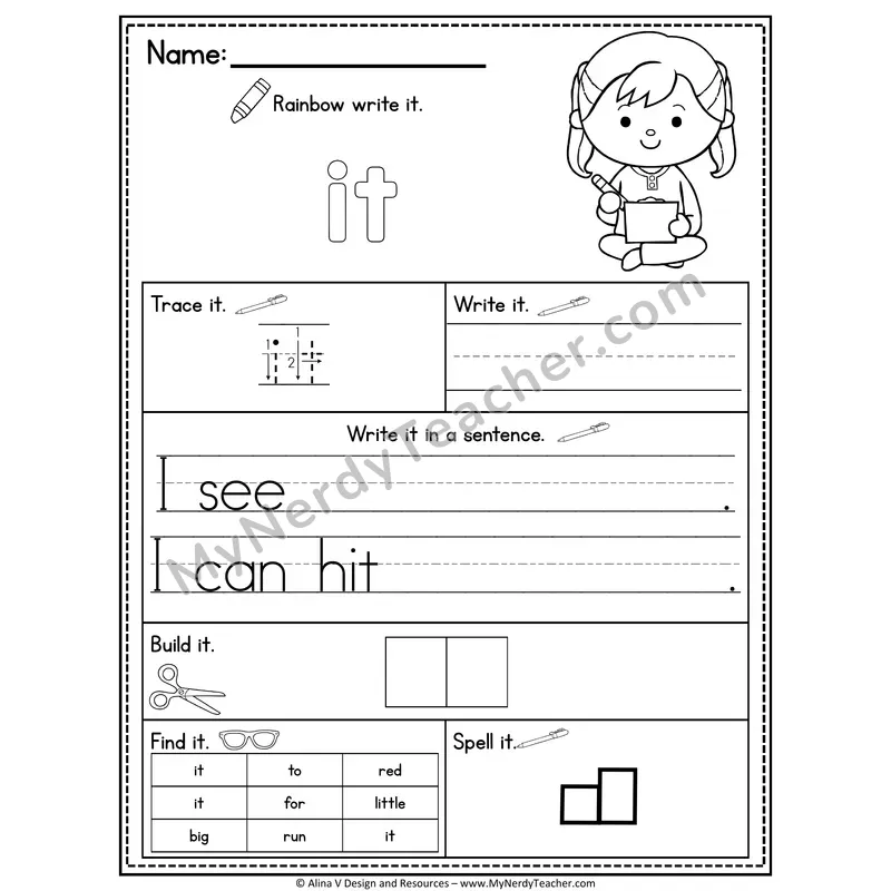 Pre-K Sight Word Practice Worksheet — It (Rainbow Write, Build & Spell)