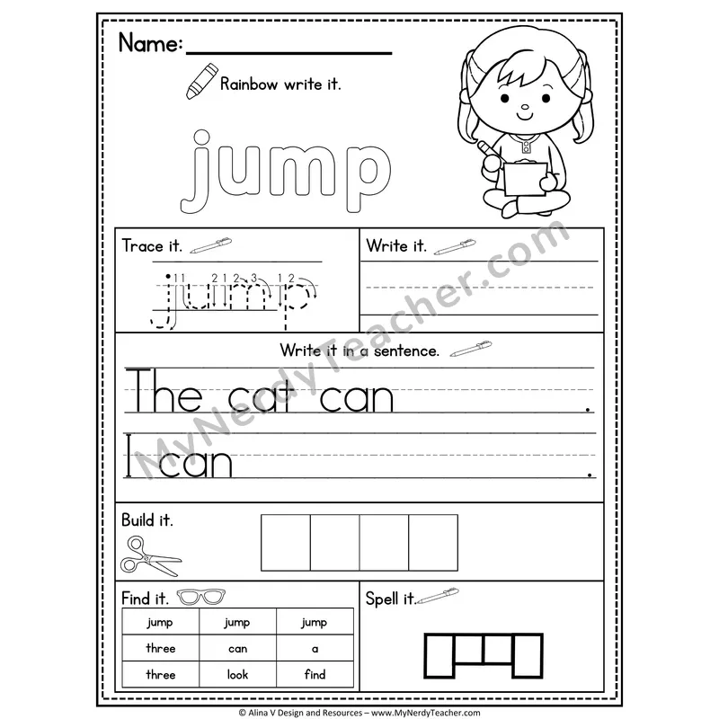 Pre-K Sight Word Practice Worksheet — Jump (Rainbow Write, Build & Spell)