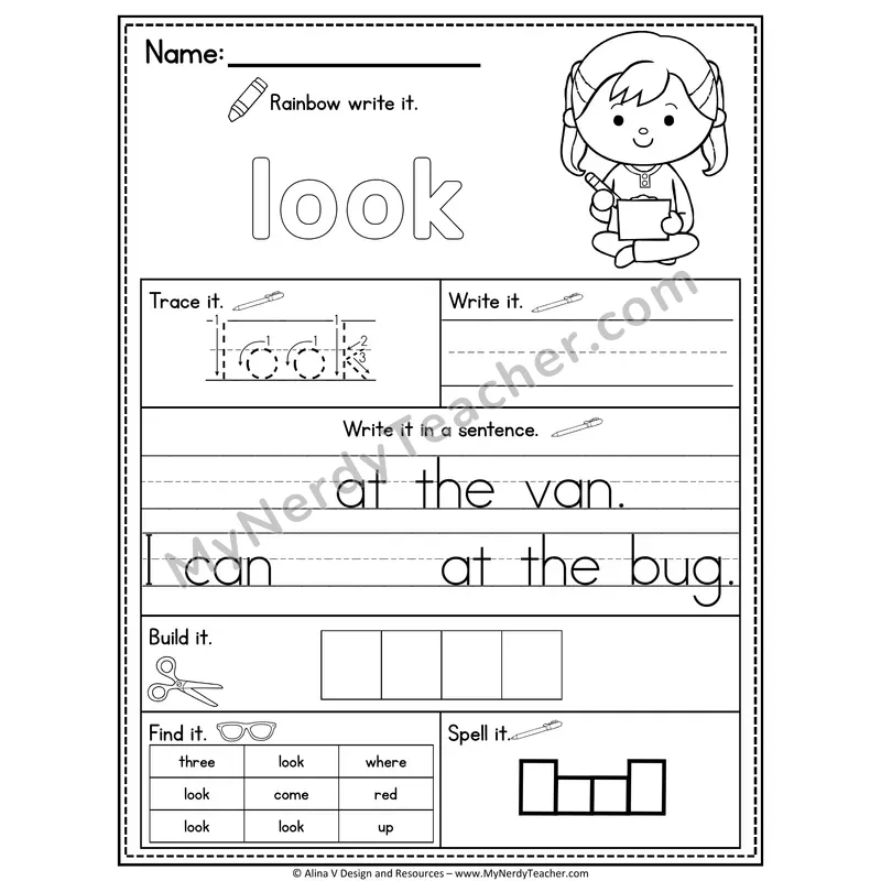 Pre-K Sight Word Practice Worksheet — Look (Rainbow Write, Build & Spell)