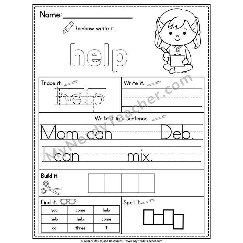Pre-K Sight Word Practice Worksheet — Help (Rainbow Write, Build & Spell)