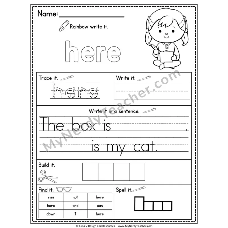 Pre-K Sight Word Practice Worksheet — Here (Rainbow Write, Build & Spell)