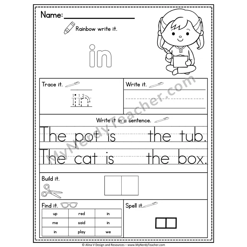 Pre-K Sight Word Practice Worksheet — In (Rainbow Write, Build & Spell)