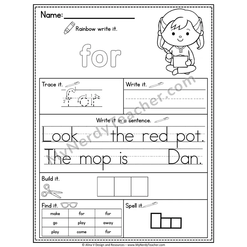 Pre-K Sight Word Practice Worksheet — For (Rainbow Write, Build & Spell)