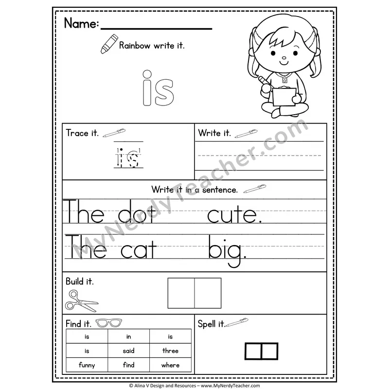 Pre-K Sight Word Practice Worksheet — Is (Rainbow Write, Build & Spell)