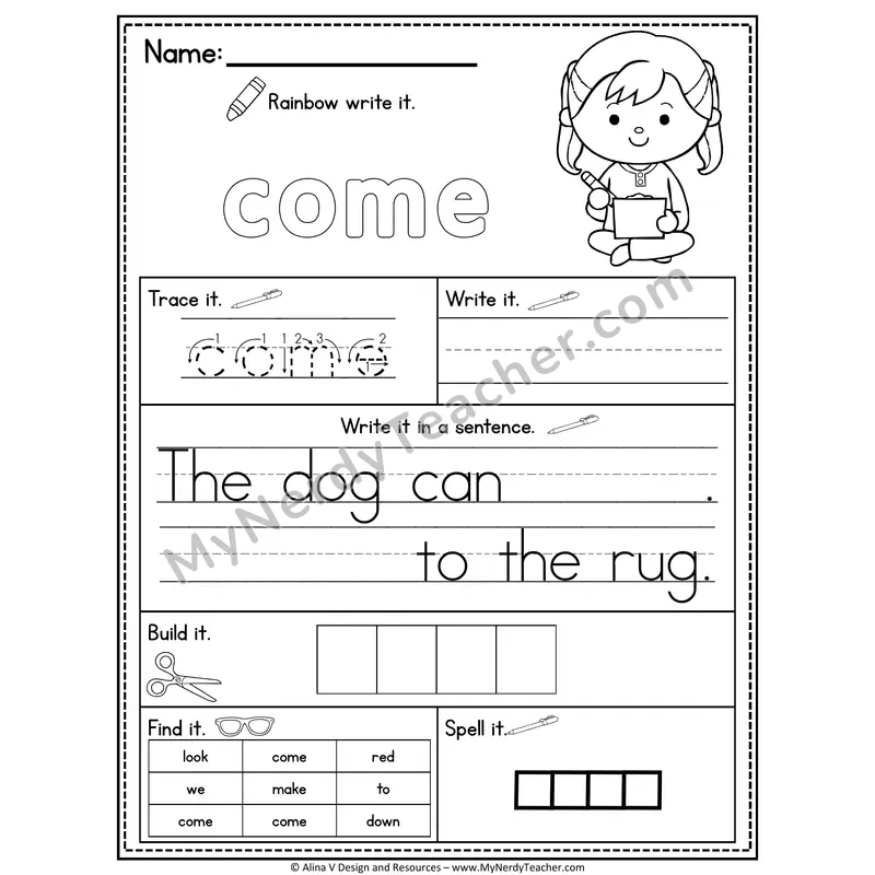 Pre-K Sight Word Practice Worksheet — Come (Rainbow Write, Build & Spell)