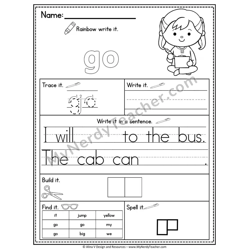 Pre-K Sight Word Practice Worksheet — Go (Rainbow Write, Build & Spell)