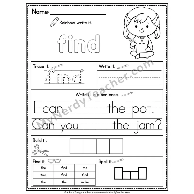 Pre-K Sight Word Practice Worksheet — Find (Rainbow Write, Build & Spell)