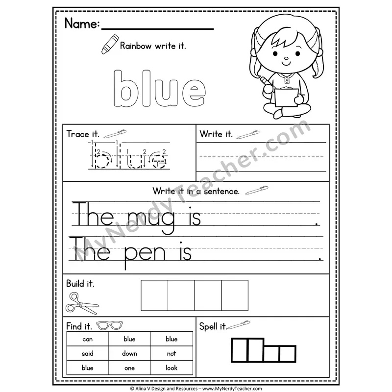 Pre-K Sight Word Practice Worksheet — Blue (Rainbow Write, Build & Spell)
