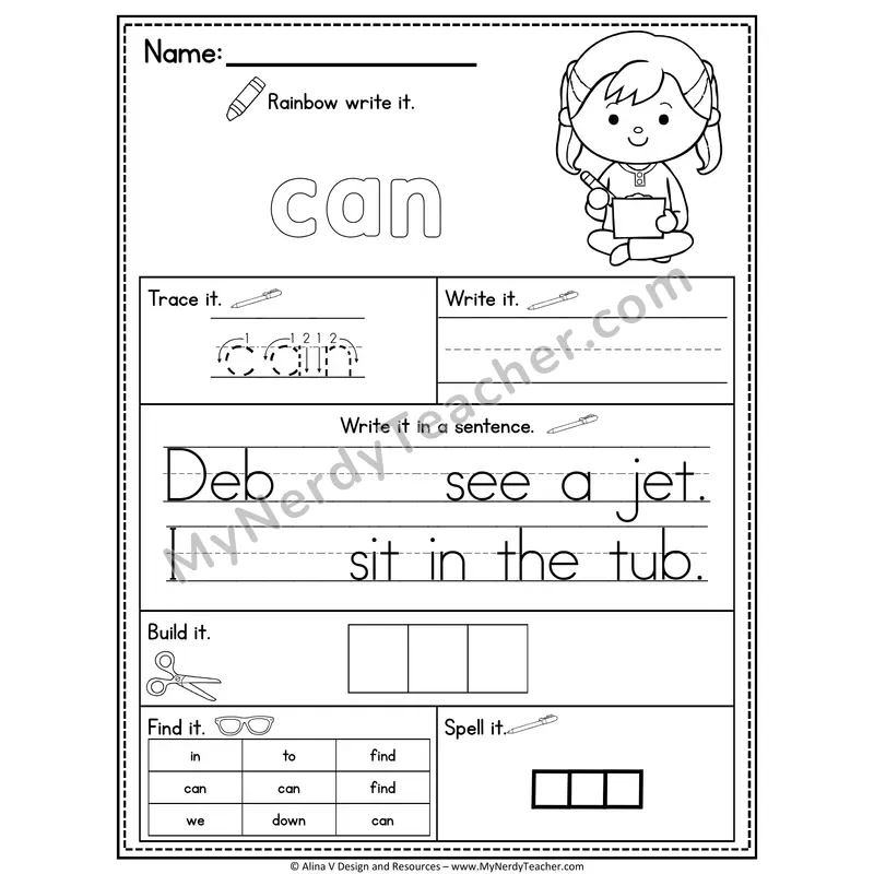 Pre-K Sight Word Practice Worksheet — Can (Rainbow Write, Build & Spell)