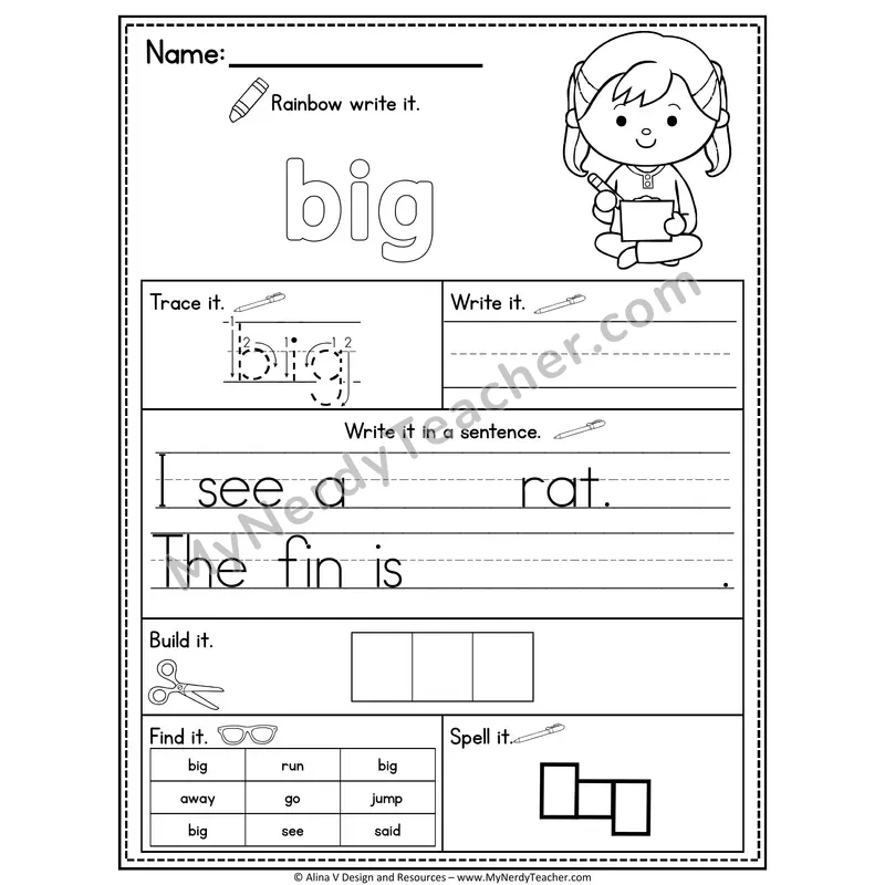 Pre-K Sight Word Practice Worksheet — Big (Rainbow Write, Build & Spell)