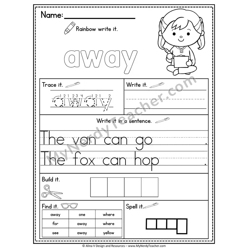 Pre-K Sight Word Practice Worksheet — Away (Rainbow Write, Build & Spell)