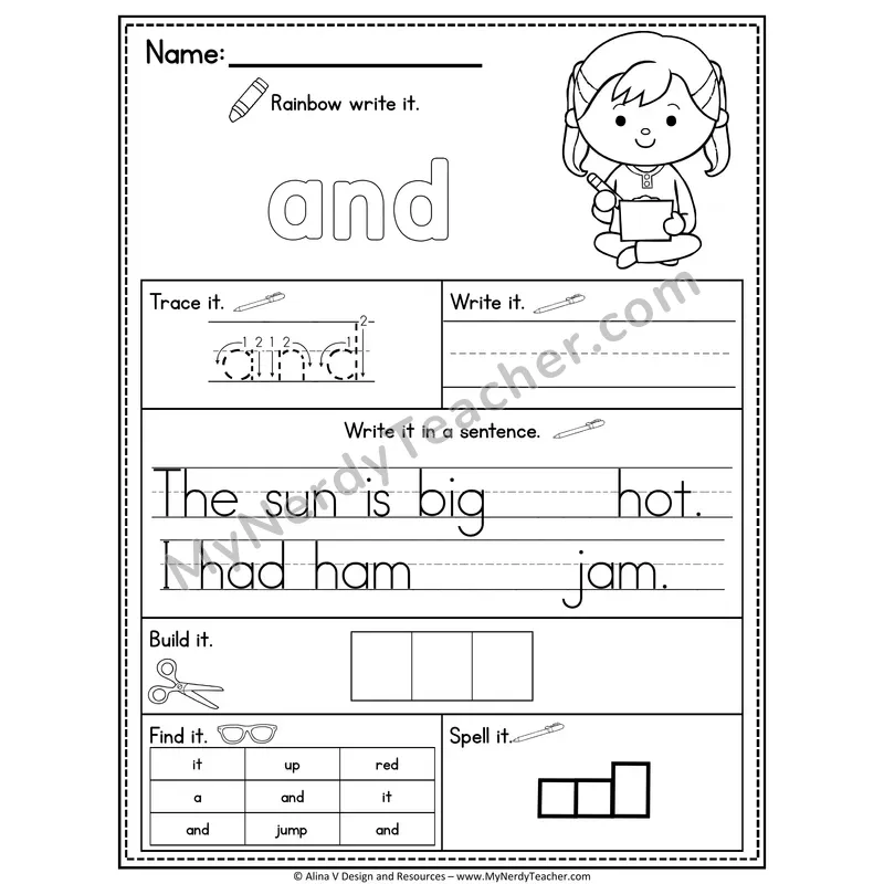 Pre-K Sight Word Practice Worksheet — And (Rainbow Write, Build & Spell)