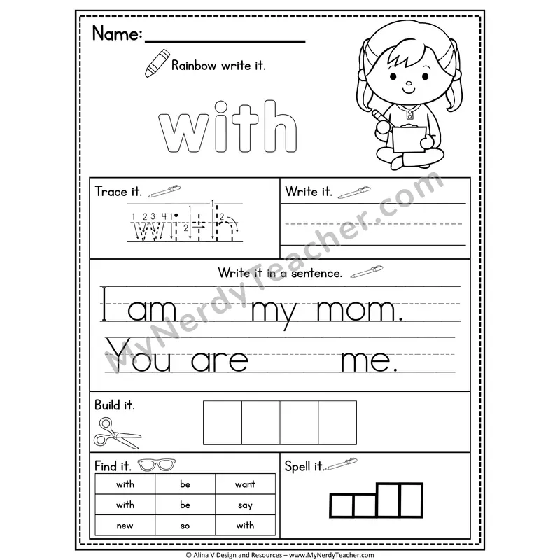 Kindergarten Sight Word Practice Worksheet — With (Rainbow Write, Build & Spell)