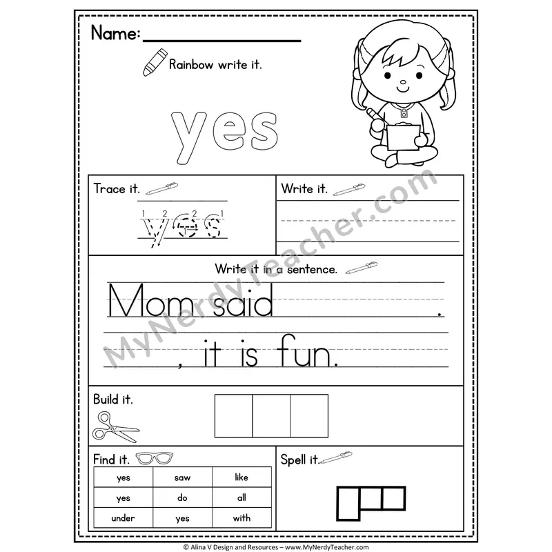 Kindergarten Sight Word Practice Worksheet — Yes (Rainbow Write, Build & Spell)