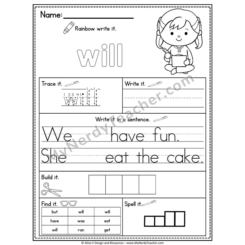 Kindergarten Sight Word Practice Worksheet — Will (Rainbow Write, Build & Spell)