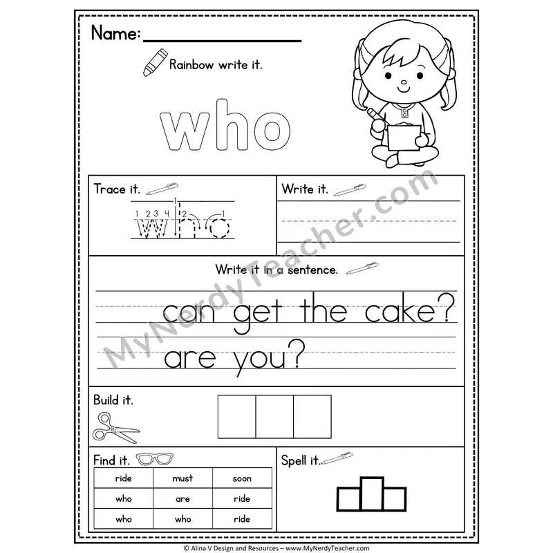 Kindergarten Sight Word Practice Worksheet — Who (Rainbow Write, Build & Spell)