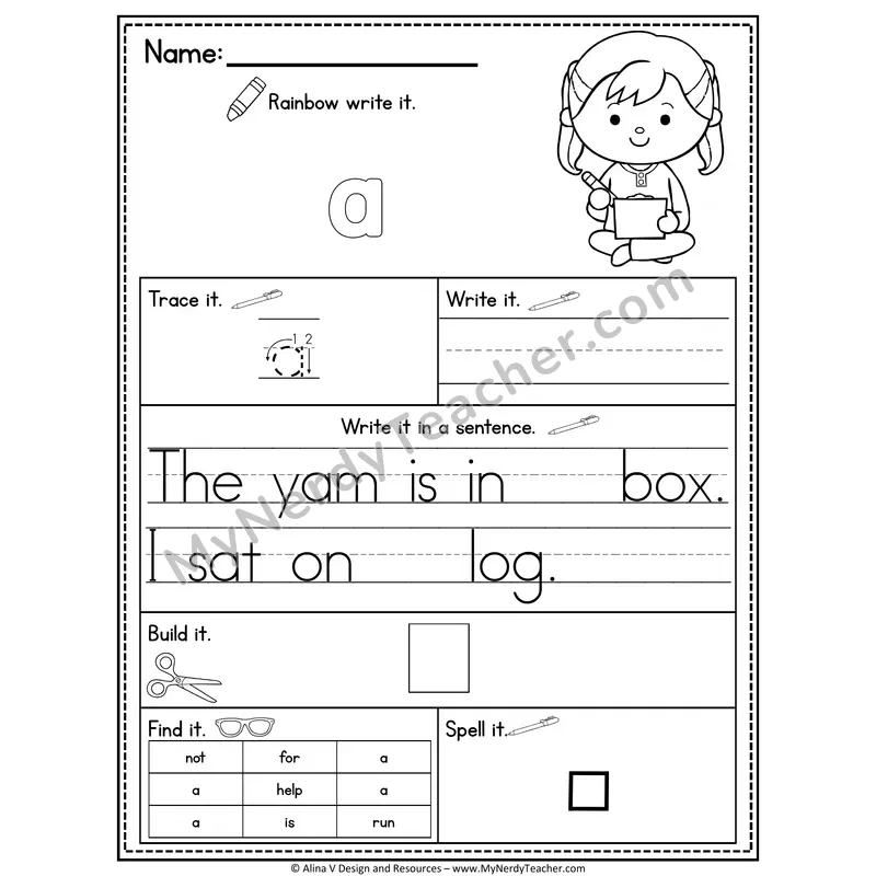 Pre-K Sight Word Practice Worksheet — A (Rainbow Write, Build & Spell)
