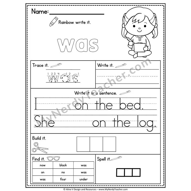 Kindergarten Sight Word Practice Worksheet — Was (Rainbow Write, Build & Spell)