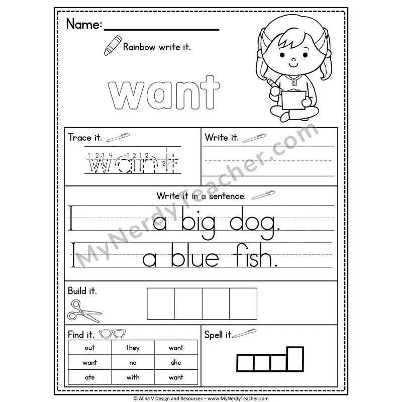 Kindergarten Sight Word Practice Worksheet — Want (Rainbow Write, Build & Spell)