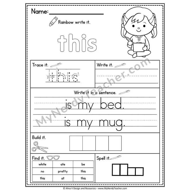 Kindergarten Sight Word Practice Worksheet — This (Rainbow Write, Build & Spell)