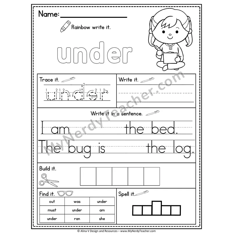 Kindergarten Sight Word Practice Worksheet — Under (Rainbow Write, Build & Spell)