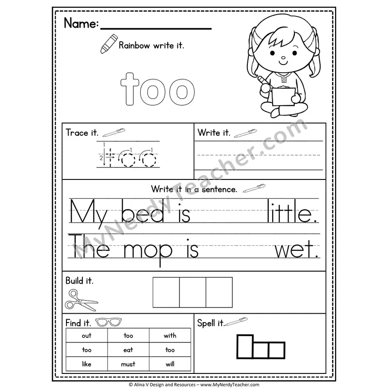 Kindergarten Sight Word Practice Worksheet — Too (Rainbow Write, Build & Spell)