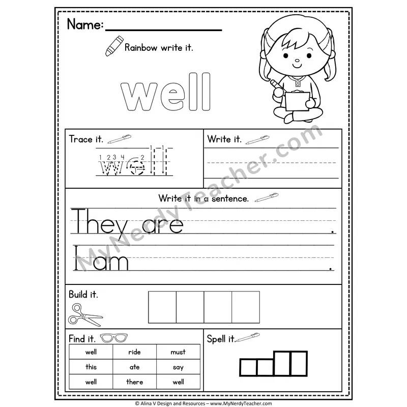 Kindergarten Sight Word Practice Worksheet — Well (Rainbow Write, Build & Spell)