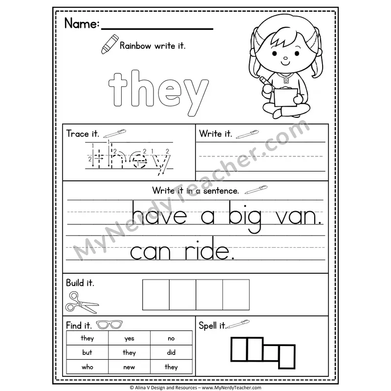 Kindergarten Sight Word Practice Worksheet — They (Rainbow Write, Build & Spell)