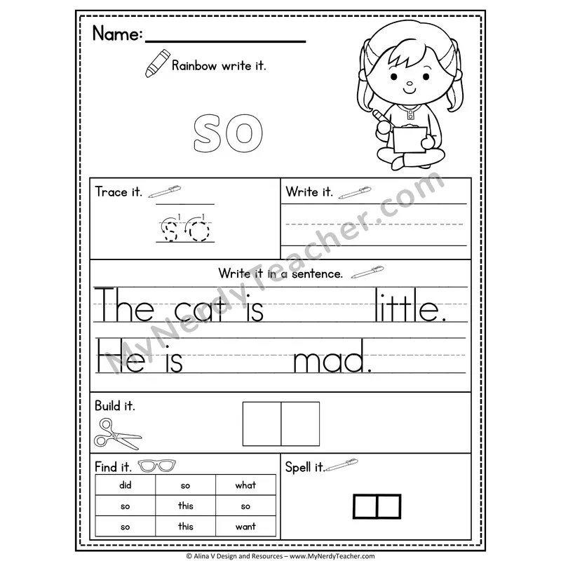 Kindergarten Sight Word Practice Worksheet — So (Rainbow Write, Build & Spell)