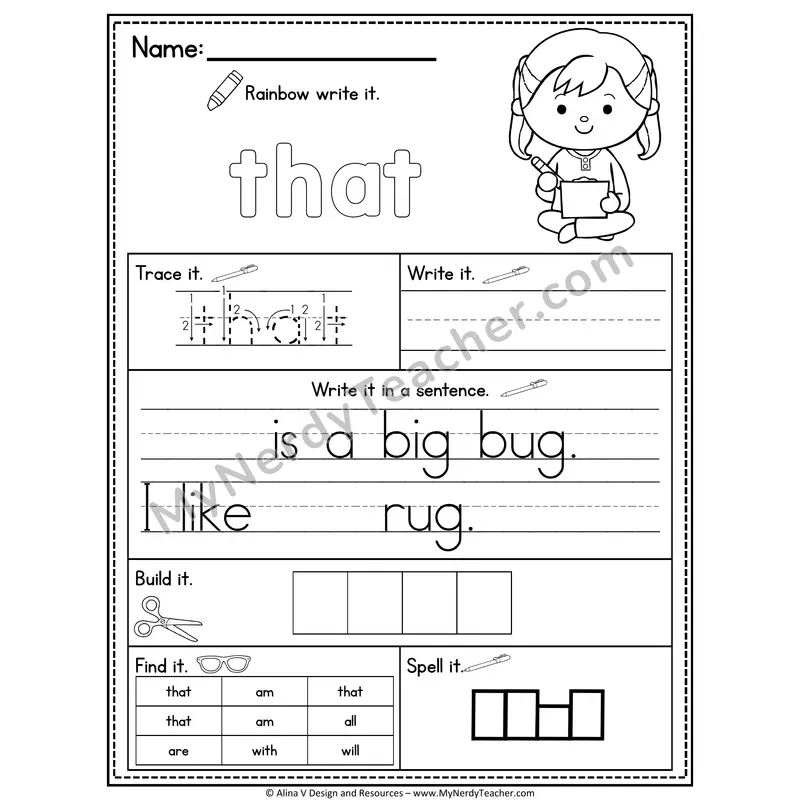 Kindergarten Sight Word Practice Worksheet — That (Rainbow Write, Build & Spell)