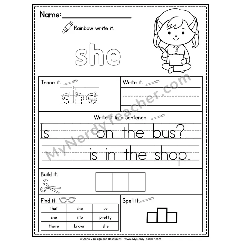 Kindergarten Sight Word Practice Worksheet — She (Rainbow Write, Build & Spell)