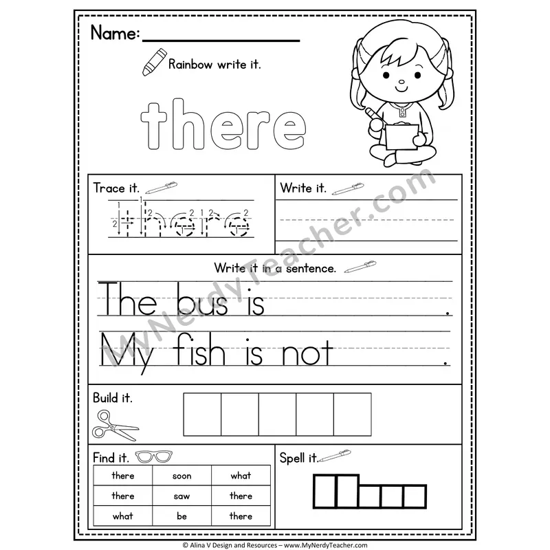 Kindergarten Sight Word Practice Worksheet — There (Rainbow Write, Build & Spell)