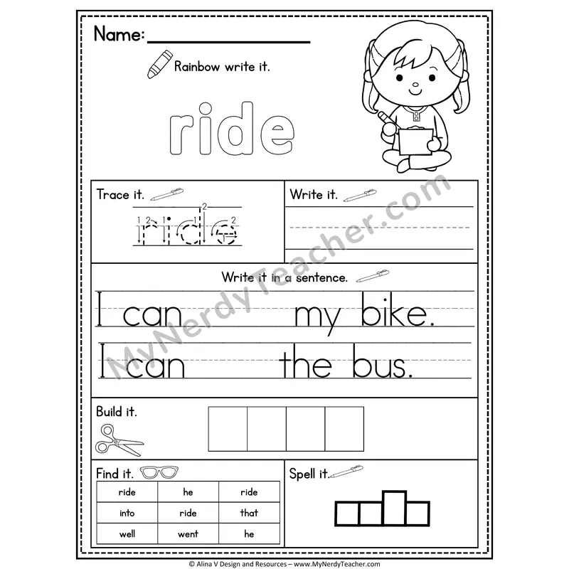 Kindergarten Sight Word Practice Worksheet — Ride (Rainbow Write, Build & Spell)