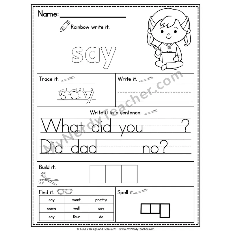 Kindergarten Sight Word Practice Worksheet — Say (Rainbow Write, Build & Spell)