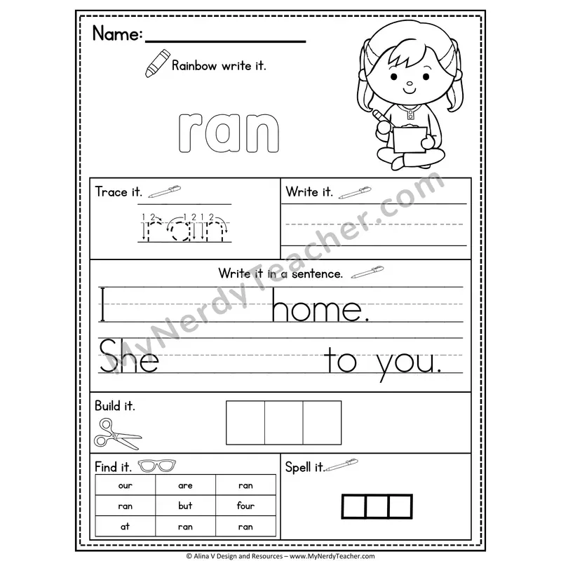 Kindergarten Sight Word Practice Worksheet — Ran (Rainbow Write, Build & Spell)