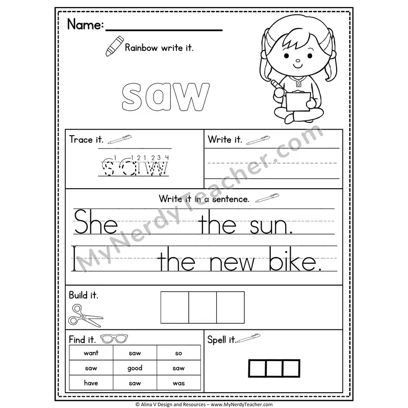 Kindergarten Sight Word Practice Worksheet — Saw (Rainbow Write, Build & Spell)