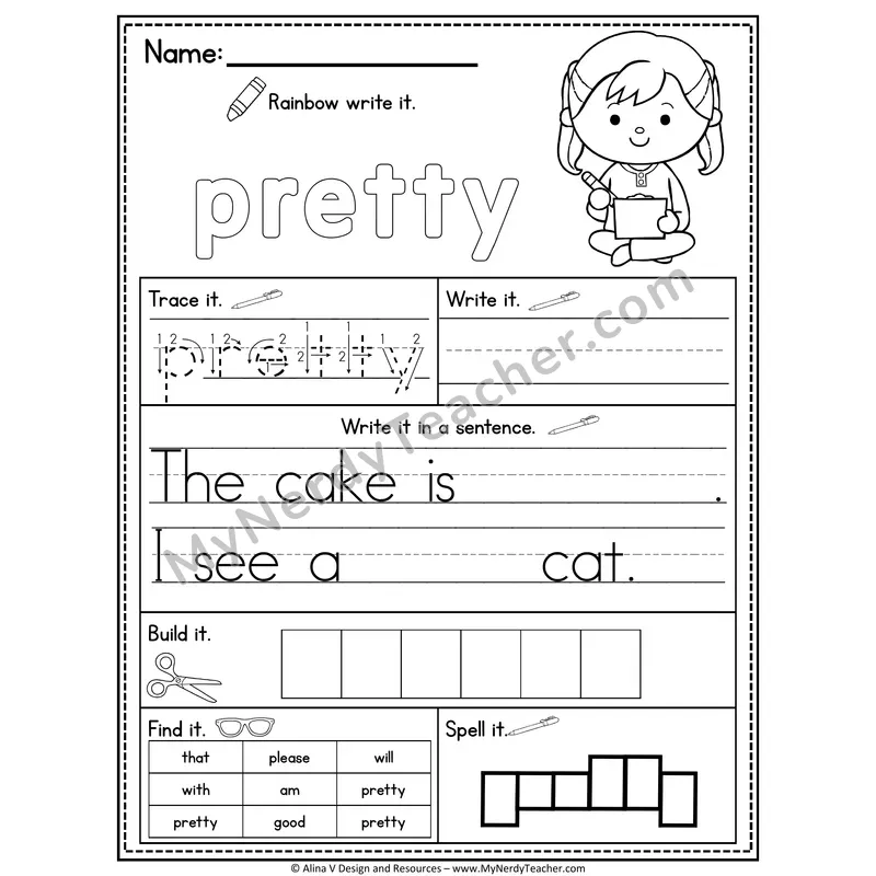 Kindergarten Sight Word Practice Worksheet — Pretty (Rainbow Write, Build & Spell)