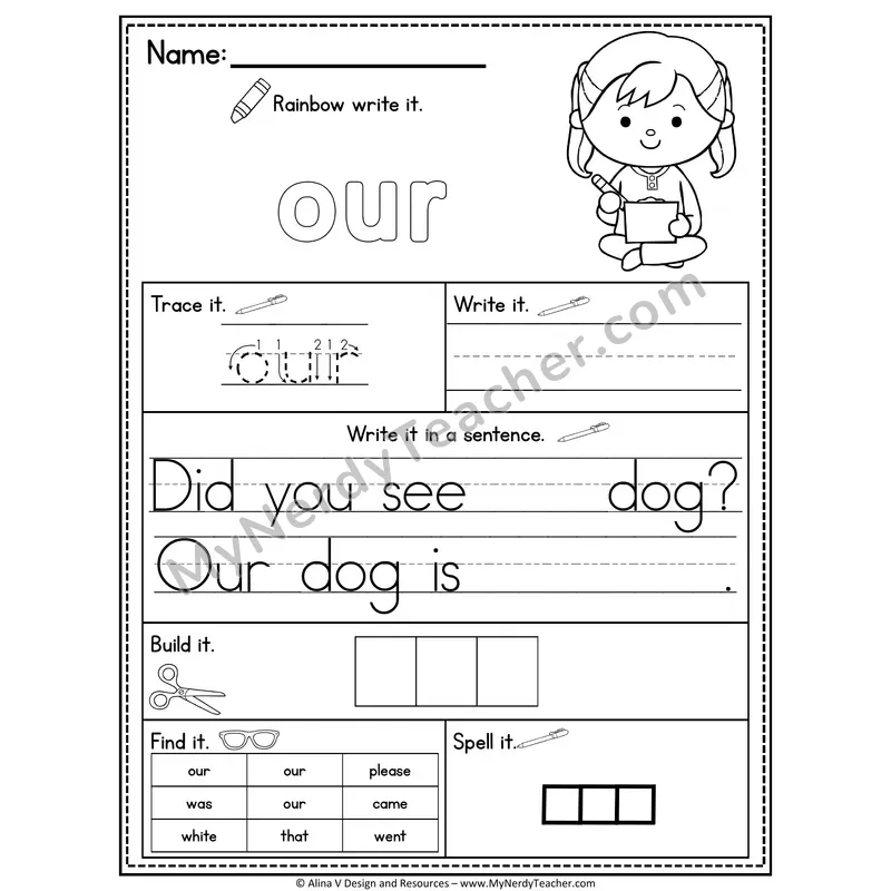 Kindergarten Sight Word Practice Worksheet — Our (Rainbow Write, Build & Spell)