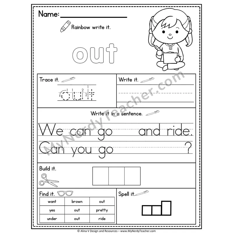 Kindergarten Sight Word Practice Worksheet — Out (Rainbow Write, Build & Spell)