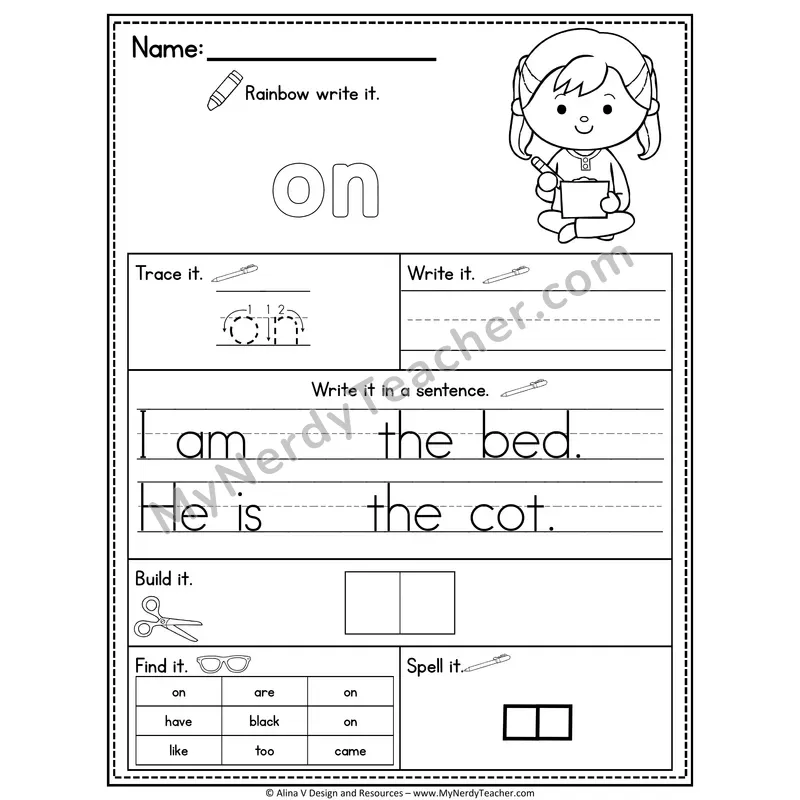 Kindergarten Sight Word Practice Worksheet — On (Rainbow Write, Build & Spell)