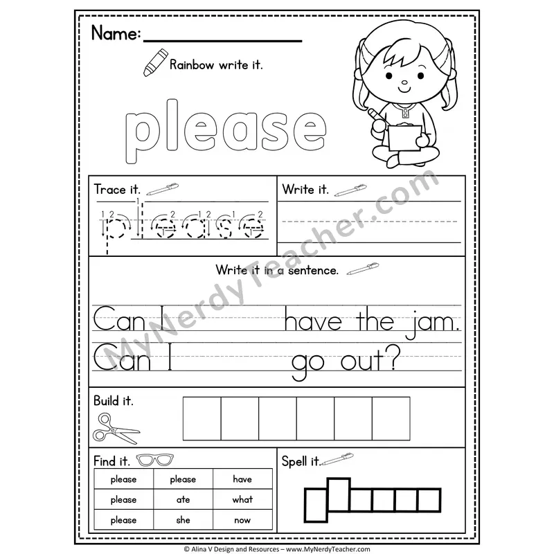 Kindergarten Sight Word Practice Worksheet — Please (Rainbow Write, Build & Spell)