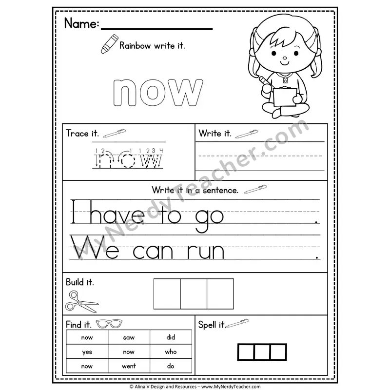 Kindergarten Sight Word Practice Worksheet — Now (Rainbow Write, Build & Spell)
